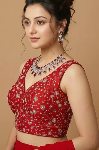 Red embroidered v neck designer saree blouse