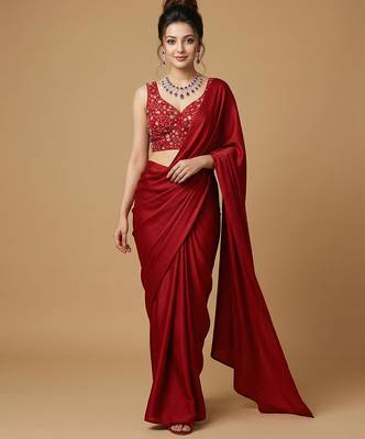 Red embroidered v neck designer saree blouse 4