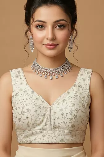 White embroidered v neck designer saree blouse
