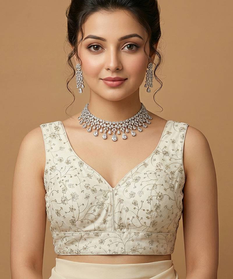 White embroidered v neck designer saree blouse