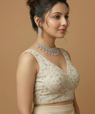 White embroidered v neck designer saree blouse 2