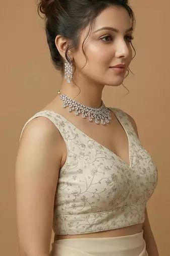 White embroidered v neck designer saree blouse