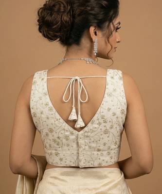 White embroidered v neck designer saree blouse 3