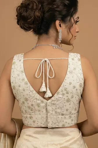 White embroidered v neck designer saree blouse