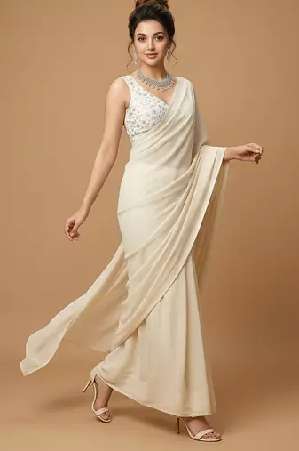 White embroidered v neck designer saree blouse