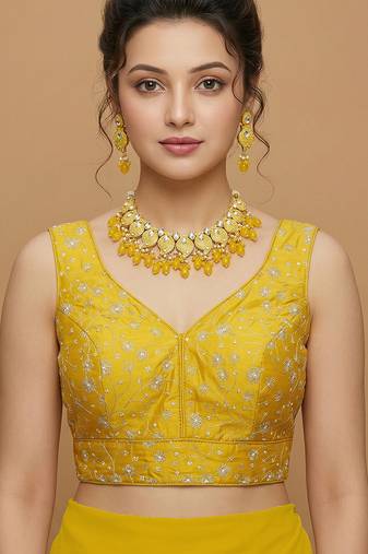 Yellow embroidered v neck designer saree blouse