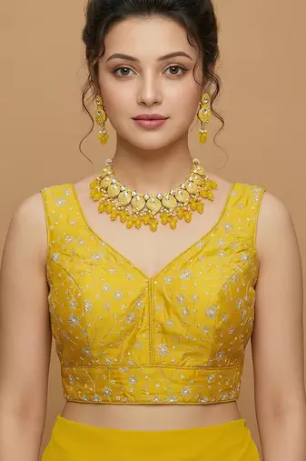 Yellow embroidered v neck designer saree blouse