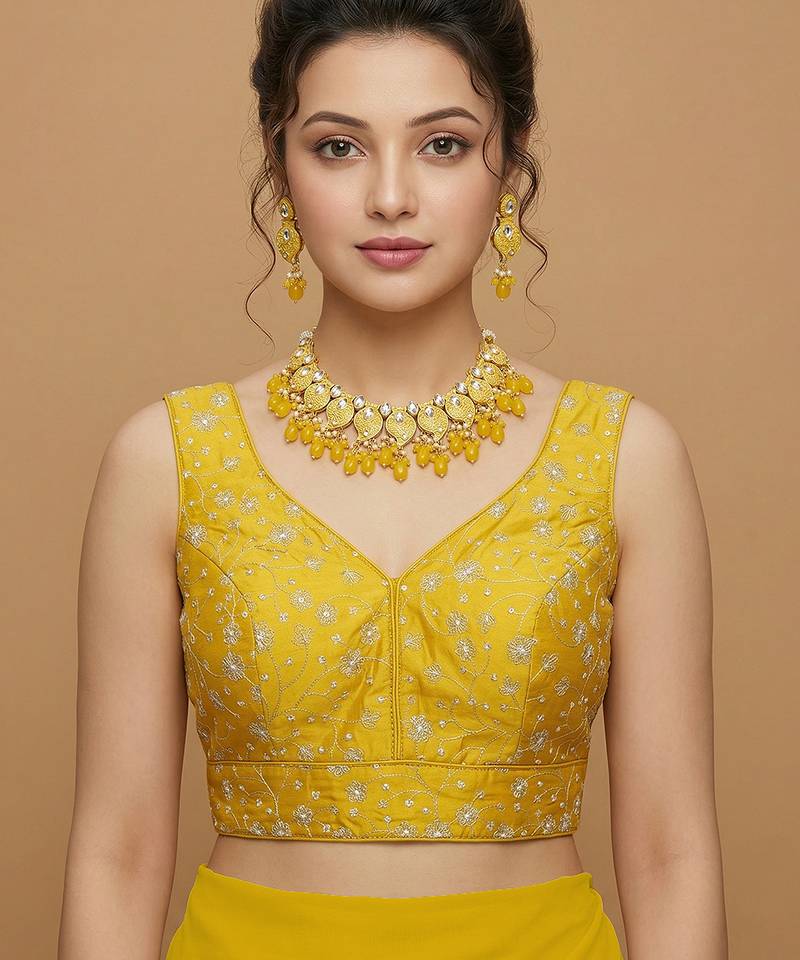 Yellow embroidered v neck designer saree blouse