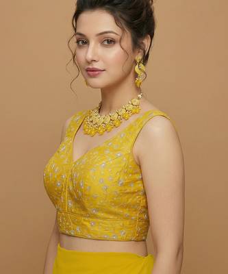 Yellow embroidered v neck designer saree blouse 2