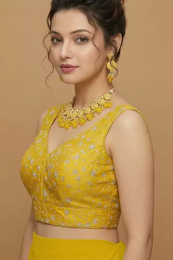 Yellow embroidered v neck designer saree blouse