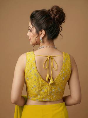 Yellow embroidered v neck designer saree blouse 3