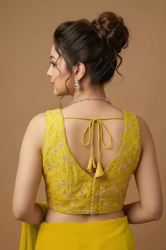 Yellow embroidered v neck designer saree blouse