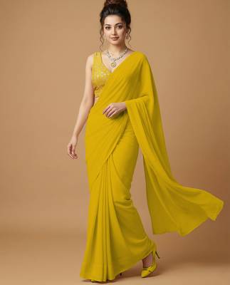 Yellow embroidered v neck designer saree blouse 4