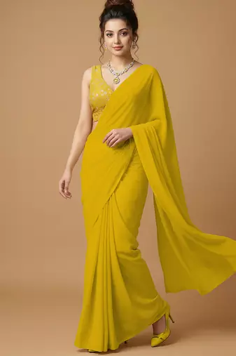 Yellow embroidered v neck designer saree blouse