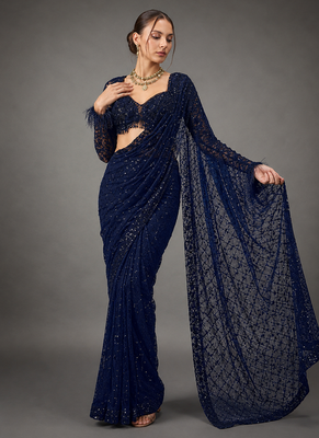 Neavy Blue Color Sequins And Embroidery Work Georgette Saree 1