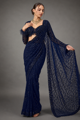 Neavy Blue Color Sequins And Embroidery Work Georgette Saree