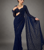 Neavy Blue Color Sequins And Embroidery Work Georgette Saree