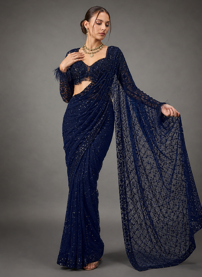Neavy Blue Color Sequins And Embroidery Work Georgette Saree