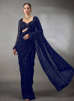 Neavy Blue Color Sequins And Embroidery Work Georgette Saree 2
