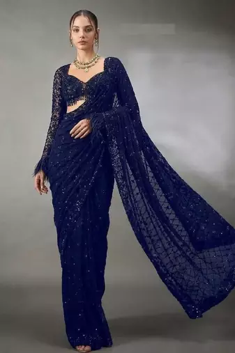 Neavy Blue Color Sequins And Embroidery Work Georgette Saree