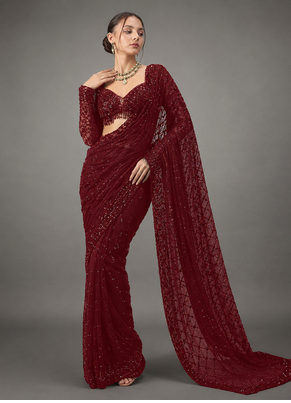 Maroon Color Sequins And Embroidery Work Georgette Saree 1