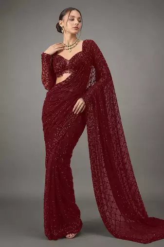 Maroon Color Sequins And Embroidery Work Georgette Saree