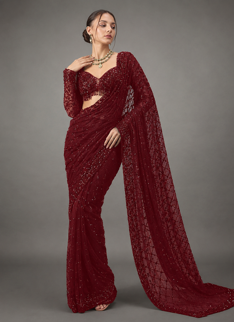 Maroon Color Sequins And Embroidery Work Georgette Saree