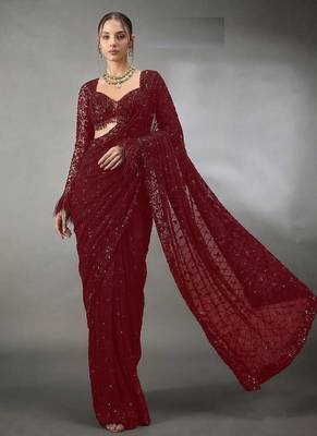Maroon Color Sequins And Embroidery Work Georgette Saree 2