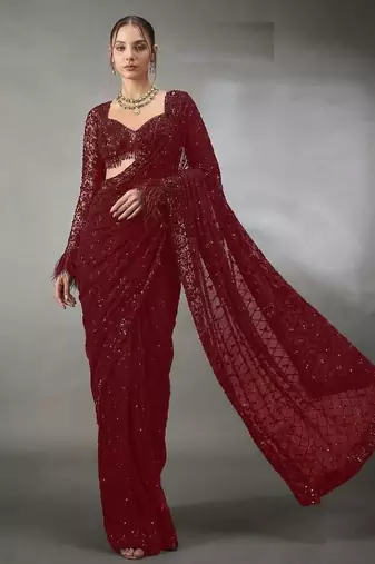 Maroon Color Sequins And Embroidery Work Georgette Saree