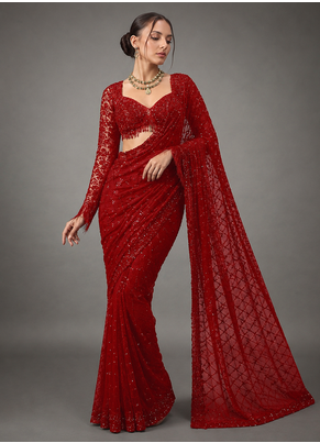 Red Color Sequins And Embroidery Work Georgette Saree 1
