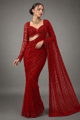 Red Color Sequins And Embroidery Work Georgette Saree
