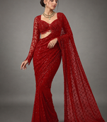 Red Color Sequins And Embroidery Work Georgette Saree