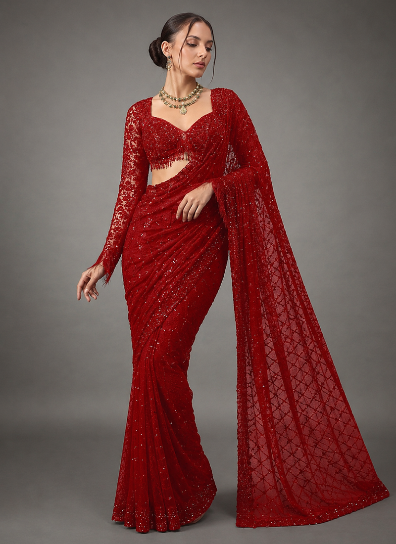 Red Color Sequins And Embroidery Work Georgette Saree