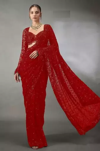 Red Color Sequins And Embroidery Work Georgette Saree