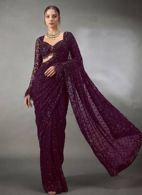 WINE Color Sequins And Embroidery Work Georgette Saree 1
