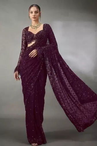 WINE Color Sequins And Embroidery Work Georgette Saree