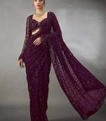 WINE Color Sequins And Embroidery Work Georgette Saree
