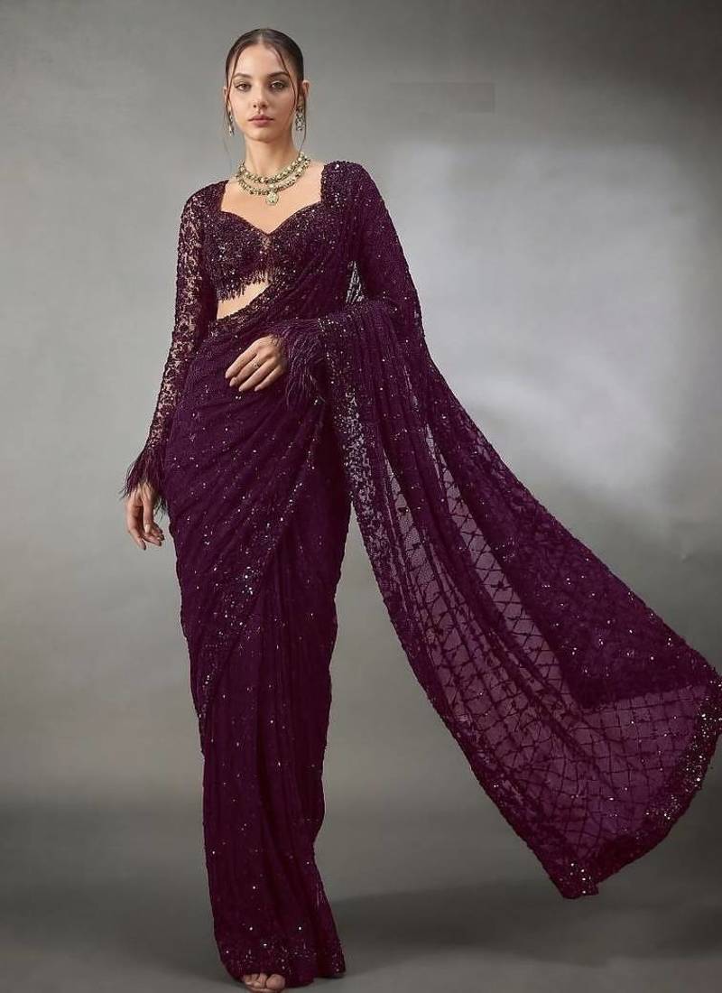 WINE Color Sequins And Embroidery Work Georgette Saree