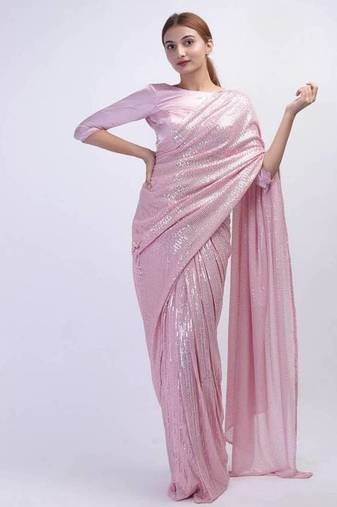 light pink sequins work silk blend saree