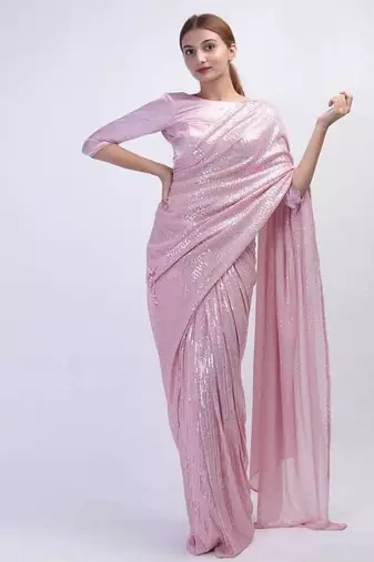 light pink sequins work silk blend saree