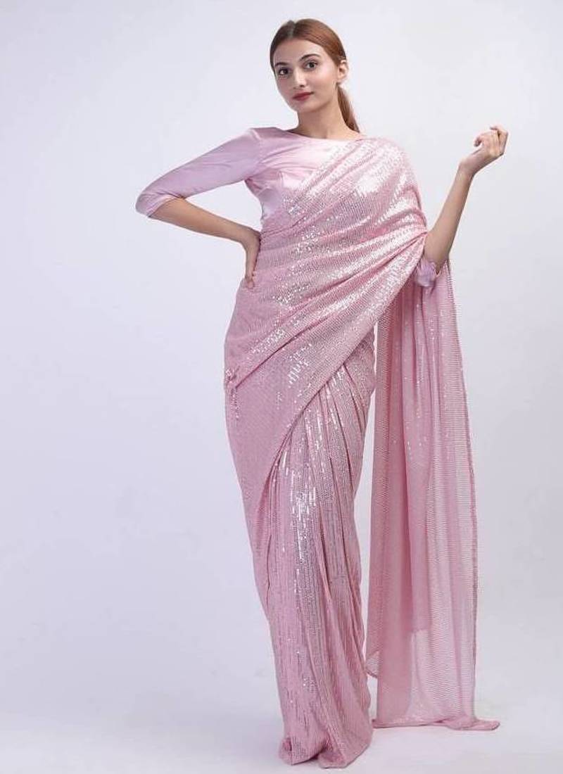 light pink sequins work silk blend saree