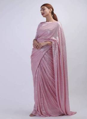 light pink sequins work silk blend saree 2