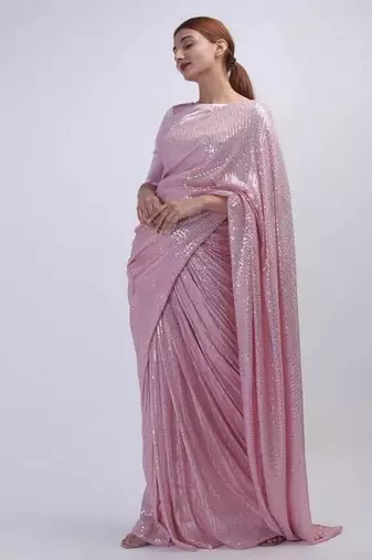 light pink sequins work silk blend saree