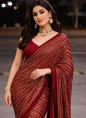 Red Color Sequins And Embroidery Work Georgette Saree 2