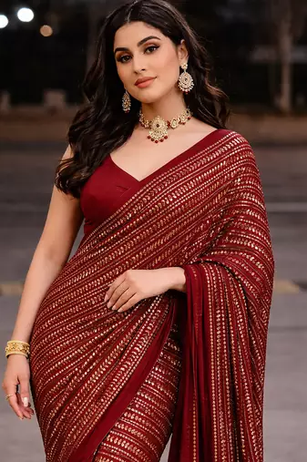 Red Color Sequins And Embroidery Work Georgette Saree
