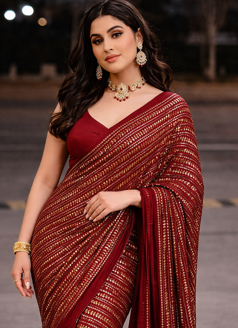 Red Color Sequins And Embroidery Work Georgette Saree