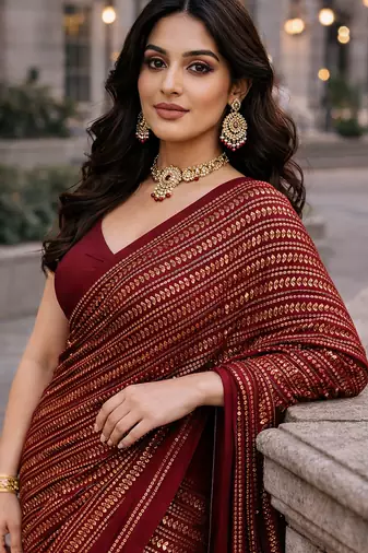 Red Color Sequins And Embroidery Work Georgette Saree