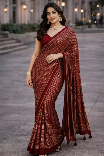Red Color Sequins And Embroidery Work Georgette Saree