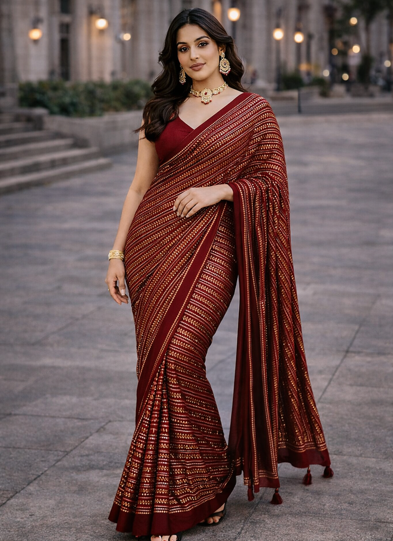 Red Color Sequins And Embroidery Work Georgette Saree