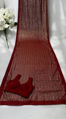 Red Color Sequins And Embroidery Work Georgette Saree 5